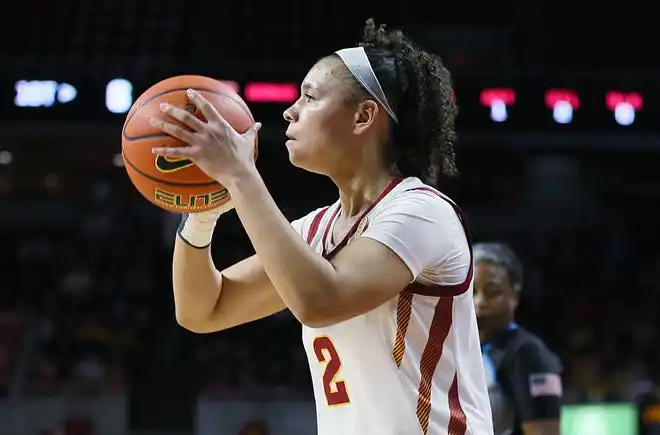 Iowa State Cyclones guard Arianna Jackson (2) takes a three-point shot against Oklahoma State Cowgirls during the first quarter in the Big-12 conference matchup at Hilton Coliseum on Wednesday, Jan. 31, 2024, in Ames, Iowa.