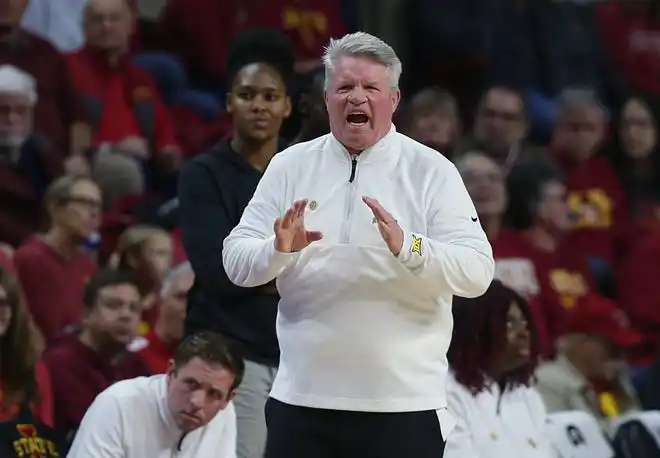 Iowa State Cyclones women's basketball head coach Bill Fennelly reacts from the bench during the first quarter against Oklahoma State Cowgirls in the Big-12 conference matchup at Hilton Coliseum on Wednesday, Jan. 31, 2024, in Ames, Iowa.