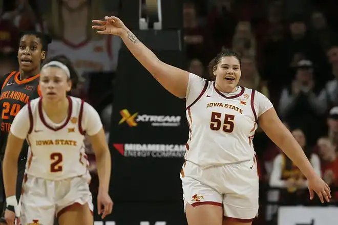 Iowa State Cyclones center Audi Crooks (55) celebrates during the fourth quarter against Oklahoma State in the Big-12 conference matchup at Hilton Coliseum on Wednesday, Jan. 31, 2024, in Ames, Iowa.