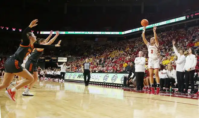 Iowa State Cyclones guard Arianna Jackson (2) takes a three-point shot against Oklahoma State during the fourth quarter in the Big-12 conference matchup at Hilton Coliseum on Wednesday, Jan. 31, 2024, in Ames, Iowa.