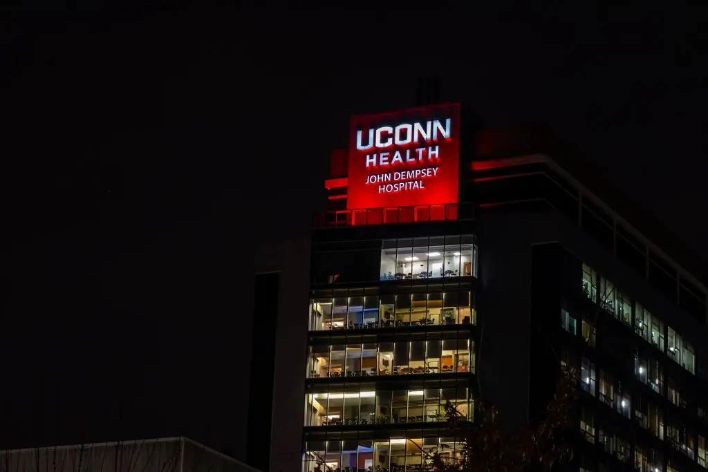 This February 2024 in honor of American Heart Month, UConn Health's campus is lighting-up red to raise greater awareness about the importance of preventing cardiovascular diseases (UConn Health Photo/Tina Encarnacion).