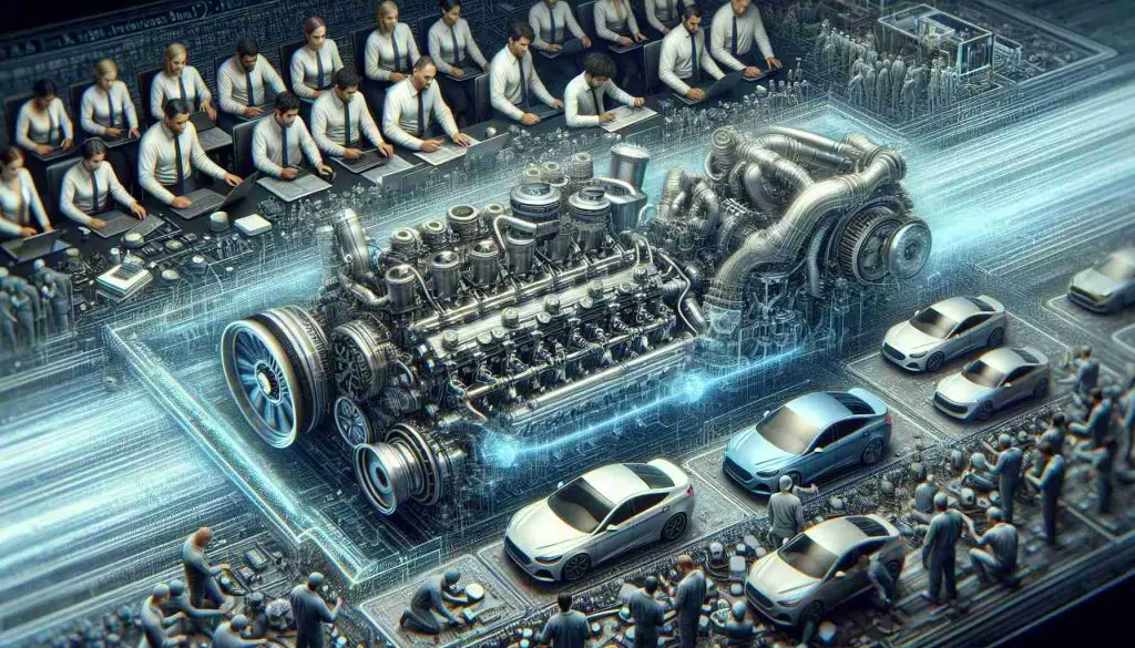 An intricately detailed, high-definition image showcasing the progression of 3.5 Turbo Engines. The scene is divided into two halves. The first half shows engineers of diverse genders and races, Caucasian, Asian, Black and Hispanic, diligently working on the development of this powerful engine. The second half visualizes the advancements brought by OpenAI's innovative contributions to the automotive industry, represented by autonomous vehicles powered by such engines, elegant lines of code, and futuristic interfaces. The overall tone suggests technology's rapid advancement.