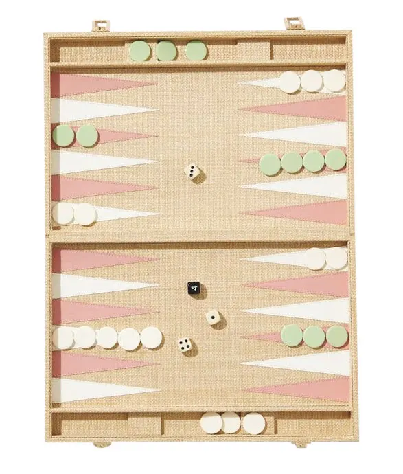 Monogrammed goods brand Mark and Graham makes this raffia backgammon set in two pastel colourways. “I learned to play when Jeremy and I were travel­ling in Italy, and I loved it. I’m looking for activities to do at home that don’t involve staring at a screen.”