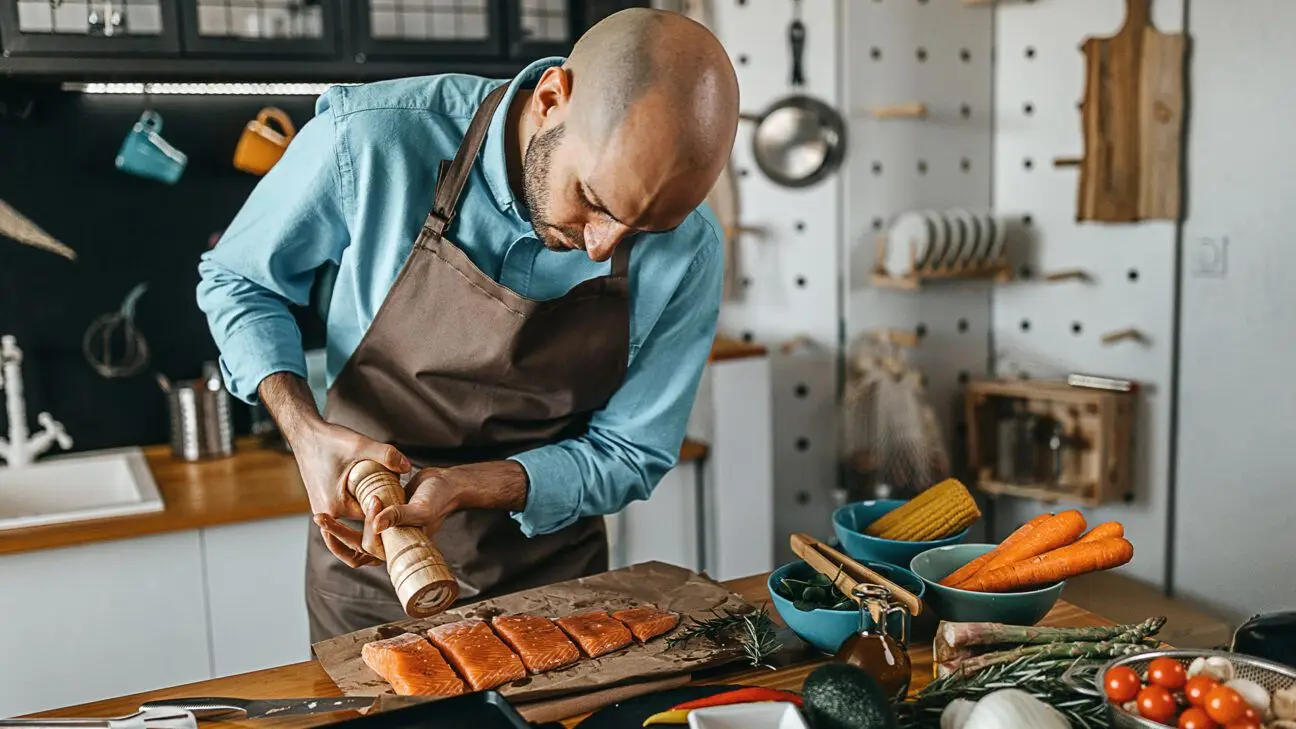 A man in a blue shirt and apron prepares salmon to eat.