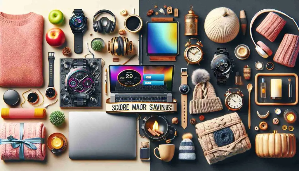 Create a high-definition, realistic image that depicts a variety of tech gadgets like smartwatches, headphones, and laptops on one side. On the other side, show cozy lifestyle items such as warm blankets, coffee mugs, scented candles, and home decor. Include a banner going across the image with the text 'Score Major Savings' to suggest a sale or discount on these items.