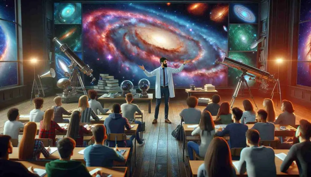 A detailed HD representation of a dynamic atmosphere at an astronomy lecture. An enthusiastic Hispanic male professor is passionately teaching and pointing towards a large, glossy projector screen that exhibits vibrant, high resolution images of cosmic bodies like galaxies, nebulae, and stars. The room is filled with eager students of diverse descents and genders, some taking notes, others simply soaking in the knowledge. All around them are astronomical models, books, and telescopes, embracing the majestic enigma and beauty of the universe. The setting feels like a gateway into understanding the cosmos.