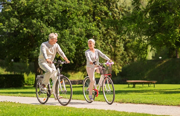 An elderly couple cycling in the park on a sunny day.