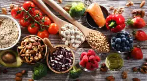 Healthy foods spread out on a wooden table