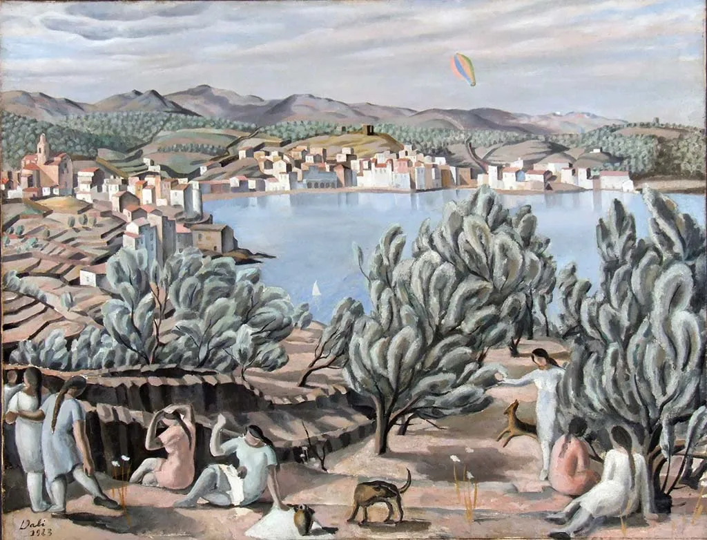 A painting of a seaside landscape with people in the foreground