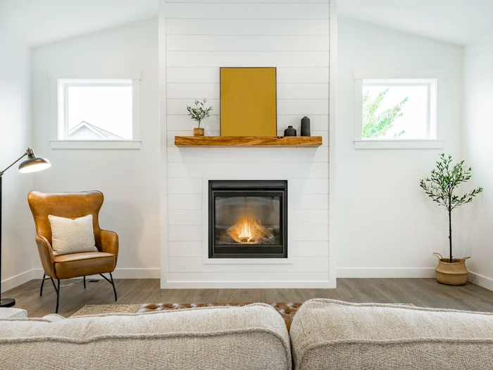 modern farmhouse living room with a shiplap fireplace