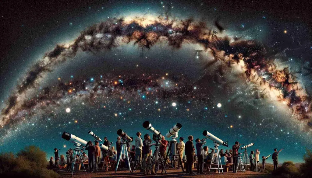 Detailed, high-definition image capturing a star party occurring in Tucson. A diverse group of astronomy enthusiasts are participating, with a mix of genders and descents such as Caucasian, Hispanic, Black, Middle-Eastern, South Asian, and White individuals. The night sky is a breathtaking blanket of stars, the milky way stretching across it in a broad swath. Different types of telescopes dot the landscape, as people peer into the celestial depths, sharing their awe-inspiring experiences with each other. Their faces are filled with wonder as they partake in the joy of observing the cosmos.