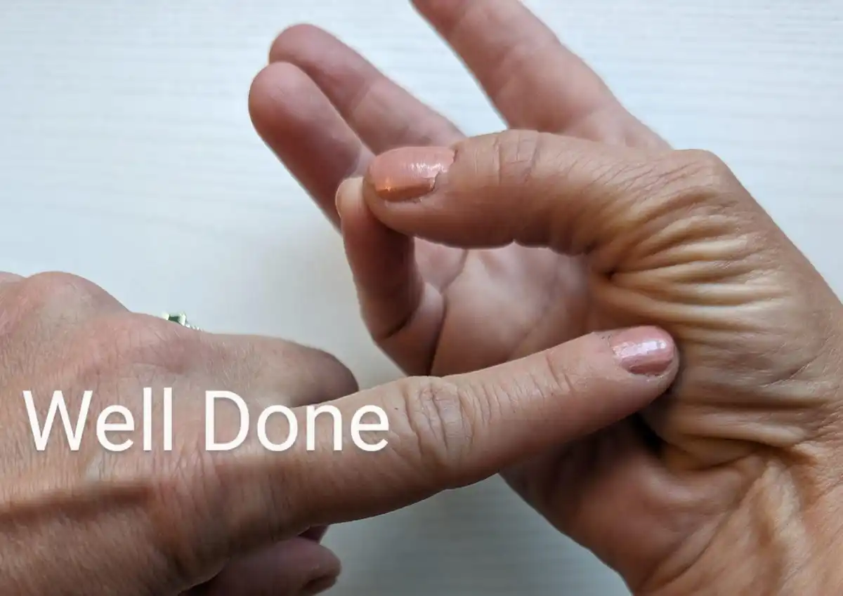 well done: finger poking hand with thumb and pinky finger touching