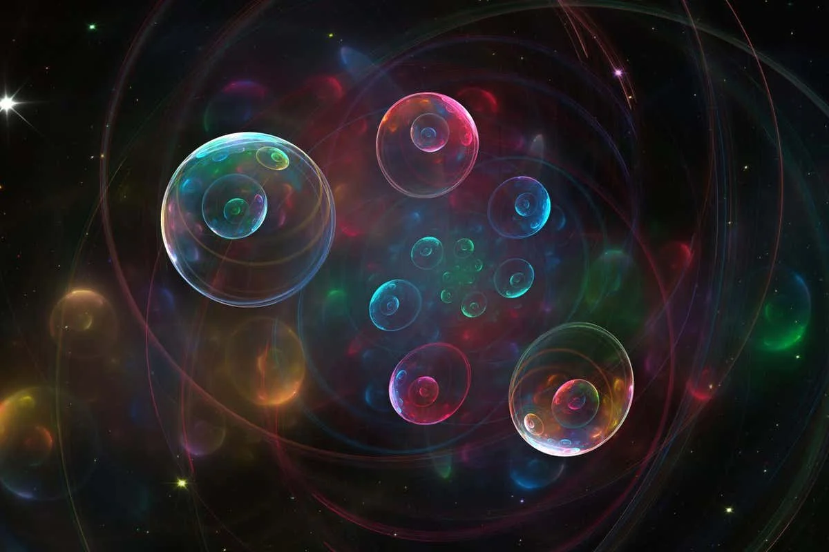 Fractal image electrons movement in a magnetic field or colorful space background. Quantum physics. Soap bubbles or photon, atom, neutrino. Nanotechnology, nanocosmos, nanoworld. 3d illustration.; Shutterstock ID 2130031907; purchase_order: -; job: -; client: -; other: -