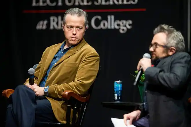 Jason Isbell speaks with Charles Hughes, director of the Lynne and Henry Turley Memphis Center, about his music and career as part of the Springfield Music Lecture Series at Rhodes College in Memphis, Tenn., on Wednesday, February 7, 2024.