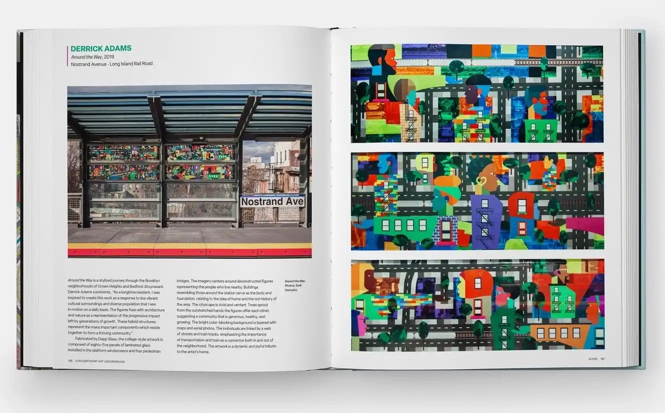 A spread of a book showing work by Derrick Adams in the New York City Subway.