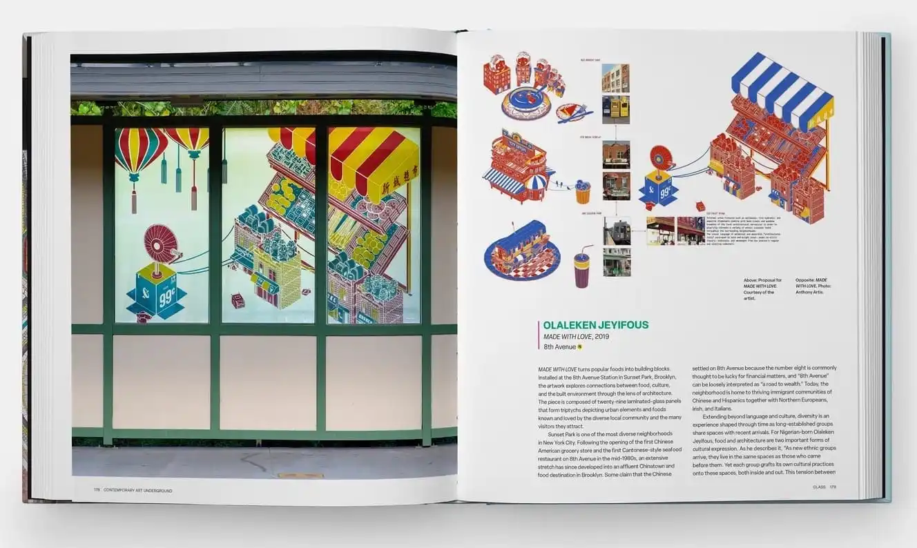 A spread of a book showing artwork by Ololeken Jeyifous in the New York City Subway.