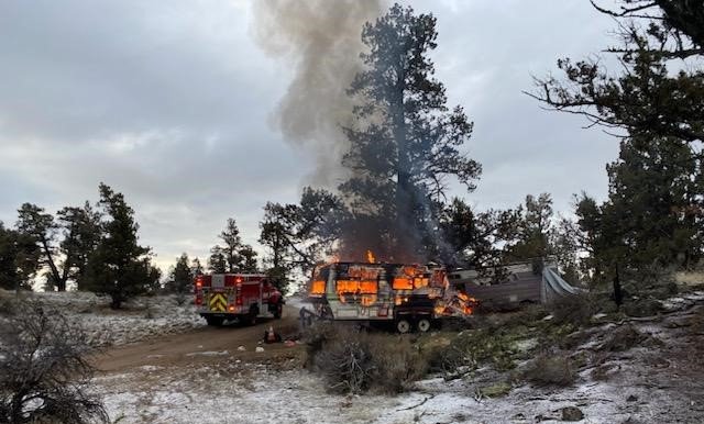 Fire of undetermined origin destroys unoccupied travel trailer in Juniper Ridge area