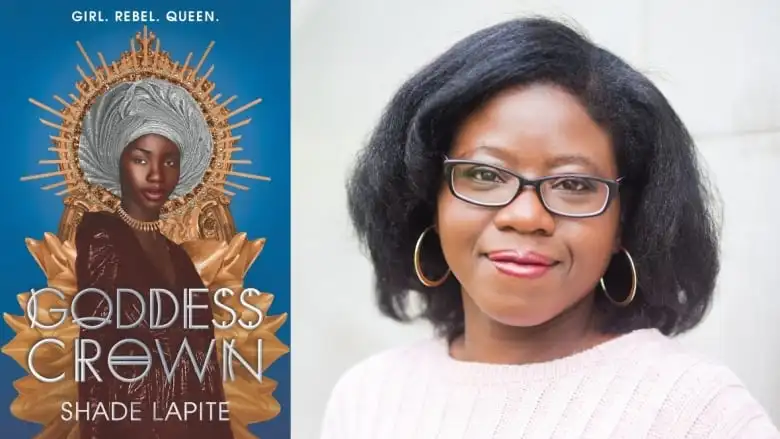 On the left a book cover shows a woman looking into the camera. On the right a woman wearing glasses smiles. 