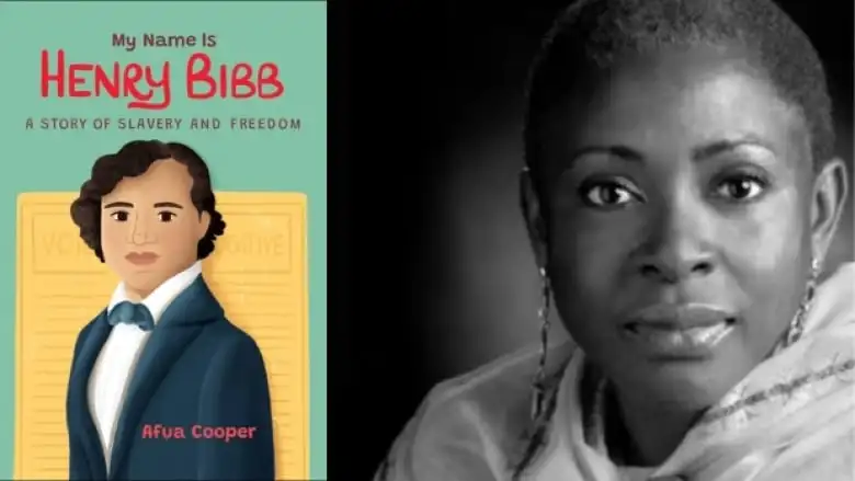 On the left is a book cover that shows a drawing of a man wearing a suit in front of a yellow identification card and a green-coloured background. There is brown and red text overlay that is the book's title and author's name. On the right is a black and white photo headshot of a woman smiling at the camera. 