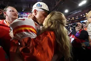 GLENDALE, ARIZONA - FEBRUARY 12: Patrick Mahomes #15 of the Kansas City Chiefs celebrates with his wife Brittany Mahomes after the Kansas City Chiefs beat the Philadelphia Eagles in Super Bowl LVII at State Farm Stadium on February 12, 2023 in Glendale, Arizona. (Photo by Christian Petersen/Getty Images)