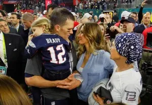 HOUSTON, TX - FEBRUARY 05:  Tom Brady #12 of the New England Patriots celebrates with wife Gisele Bundchen and daughter Vivian Brady after defeating the Atlanta Falcons during Super Bowl 51 at NRG Stadium on February 5, 2017 in Houston, Texas. The Patriots defeated the Falcons 34-28.  (Photo by Kevin C. Cox/Getty Images)