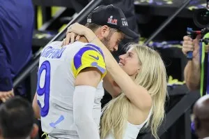 INGLEWOOD, CALIFORNIA - FEBRUARY 13: Matthew Stafford #9 of the Los Angeles Rams celebrates with his wife Kelly Stafford during Super Bowl LVI at SoFi Stadium on February 13, 2022 in Inglewood, California. The Los Angeles Rams defeated the Cincinnati Bengals 23-20.  (Photo by Andy Lyons/Getty Images)