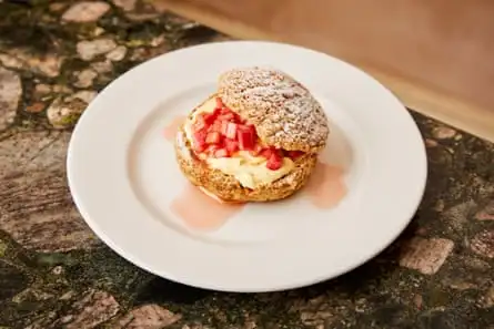 Sète’s choux bun pudding comes stuffed to the brim with rhubarb and custard.