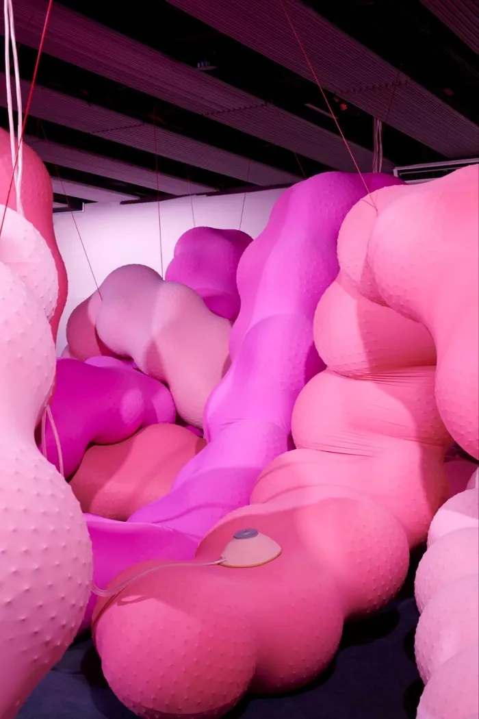 Sculpture in bright pink intestine-like shape