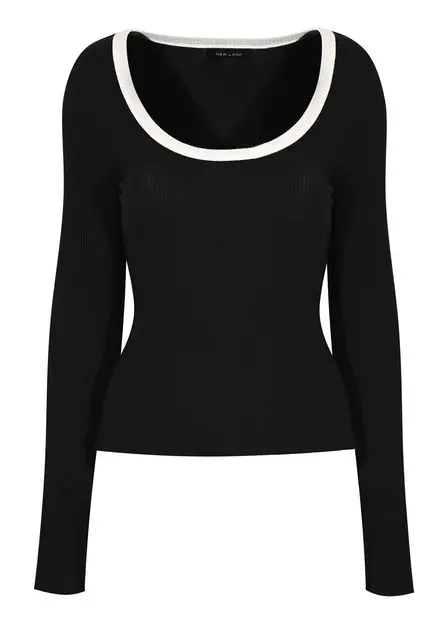 Black Ribbed Contrast Trim Scoop Neck Top, £12.99, New Look