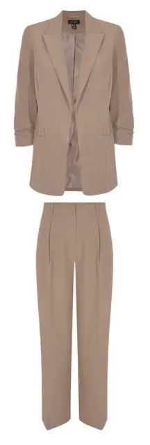 Mink Ruched Sleeve Blazer £42.99, Mink Pleat Front Wide Leg Trousers £29.99, all New Look