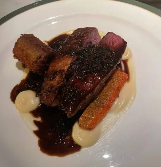 Salt aged duck with celeriac, confit carrot and braised leg croquette.