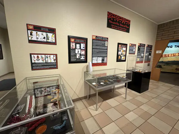 An installation image of a small pop-up exhibition in the lobby of the El Paso Museum of Archaeology.