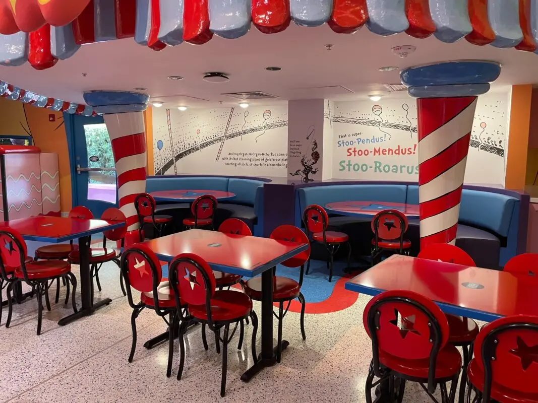 A wide shot of the new booth seating in Circus McGurkus Cafe Stoo-pendous