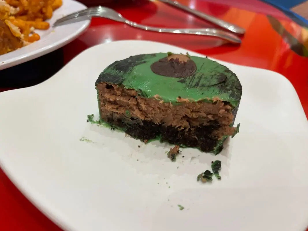 A cross-section of the Green Eggs & Ham Cheesecake