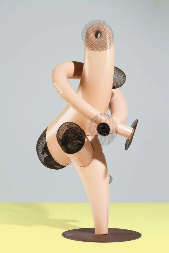 A human-ish sculpture made from pink plastic with mesh appendages