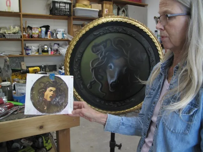 Meg Langhorne shows off both her reimagining of a Caravaggio painting and the original work. - Courtesy Photo / Meg Langhorne