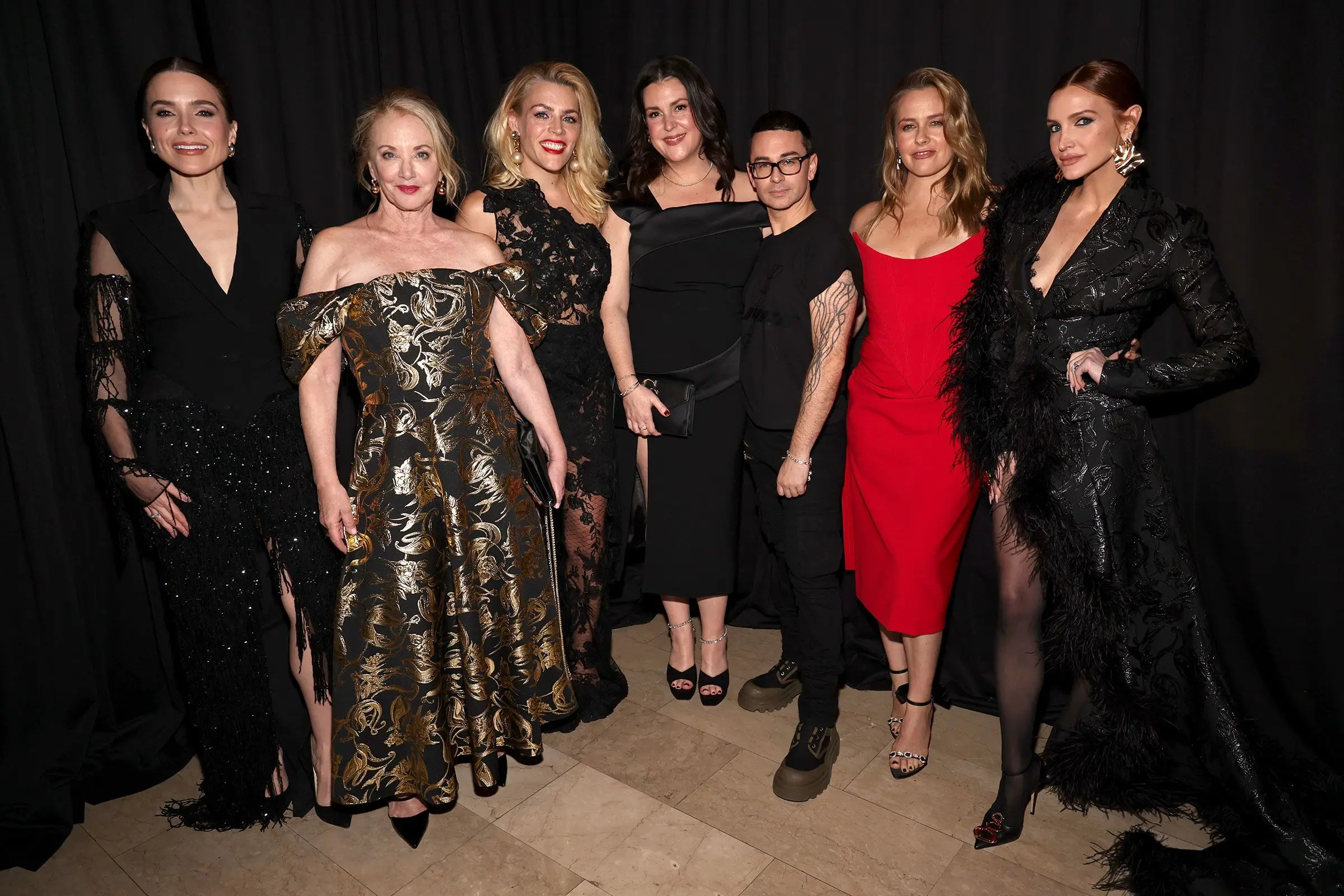 Sophia Bush, J. Smith-Cameron, Busy Philipps, Melanie Lynskey, Alicia Silverstone and Ashlee Simpson at The Plaza Hotel for Christian Siriano's (third from right) runway show on Thursday evening.