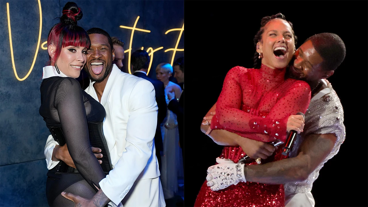 Usher’s Wife Responds To Alicia Keys Super Bowl Drama. In one side, Usher in a white suite hugs his wife Jennifer Goicoechea who is wearing a sheer dress with a black bodysuit. In another side, Usher hugs Alicia Keys who is wearing a red sparkly dress.