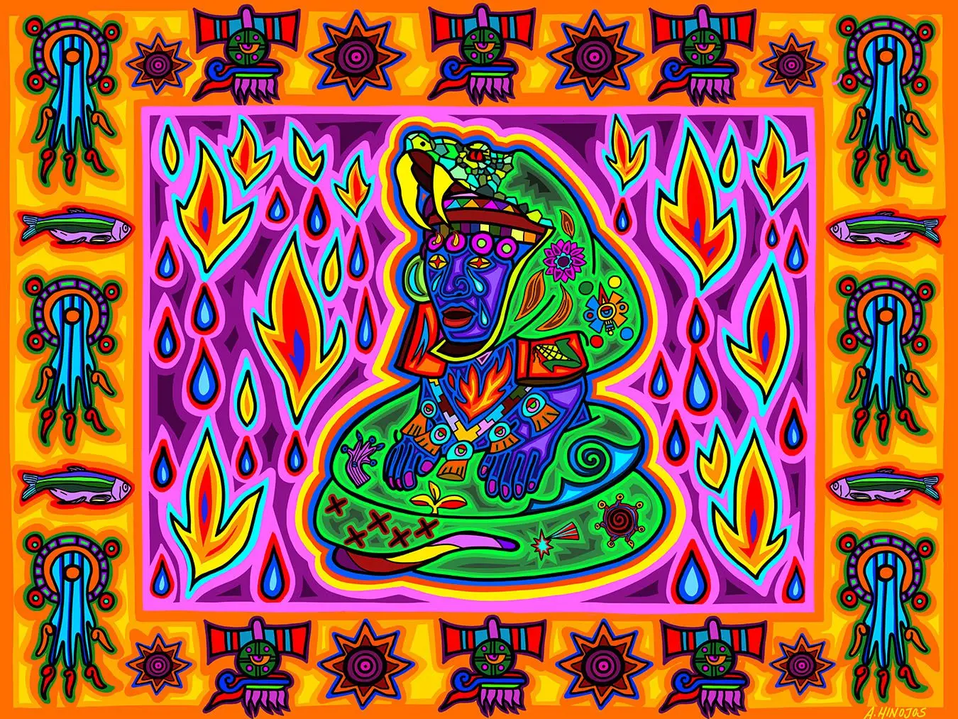 painting of green snake wrapped around a blue person, with an orange border