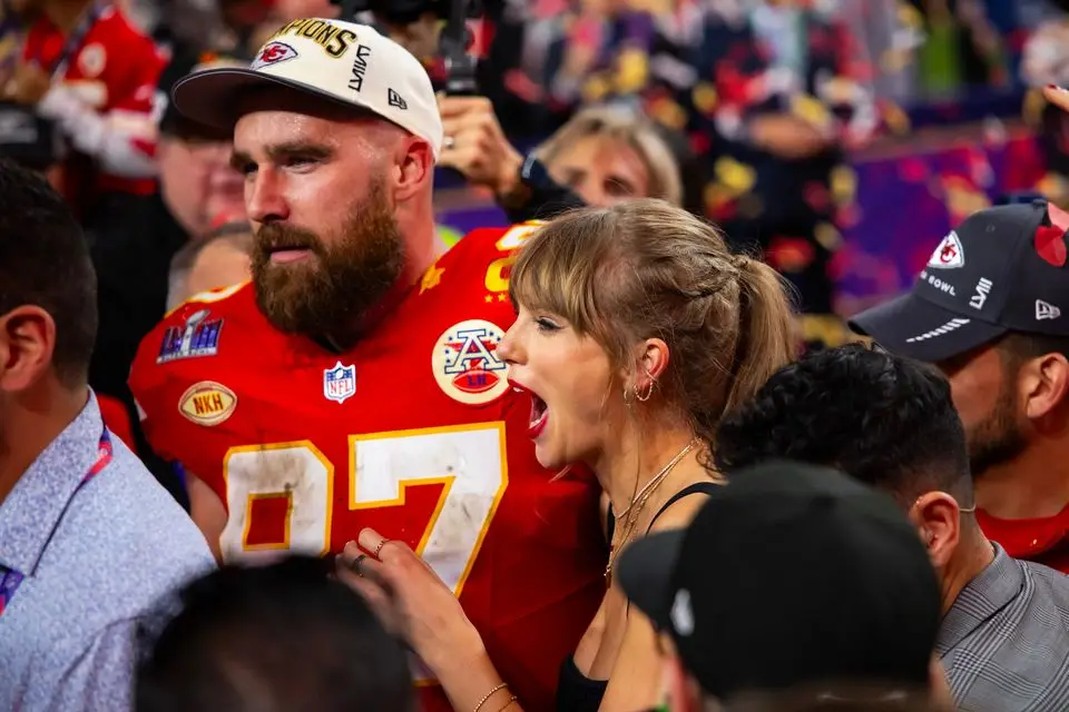 Kansas City Chiefs tight end Travis Kelce celebrates with girlfriend Taylor Swift after defeating the San Francisco 49ers in Super Bowl LVIII at Allegiant Stadium
