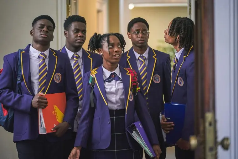 Boarders,First Look,Femi (ARUNA JALLOH), Jaheim (JOSH TEDEKU), Leah (JODIE CAMPBELL), Omar (MYLES KAMWENDO) and Toby (SEKOU DIABY),Studio Lambert,Jonathan Birch Boarders TV Still BBC