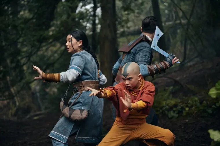 Avatar: The Last Airbender. (L to R) Kiawentiio as Katara, Gordon Cormier as Aang, Ian Ousley as Sokka in season 1 of Avatar: The Last Airbender. Cr. Robert Falconer/Netflix ?? 2023 Avatar: The Last Airbender TV Still Netflix
