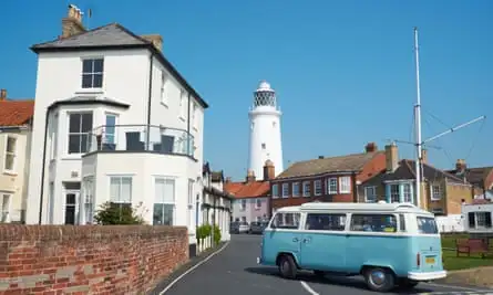 A VW campervan enters Southwold.