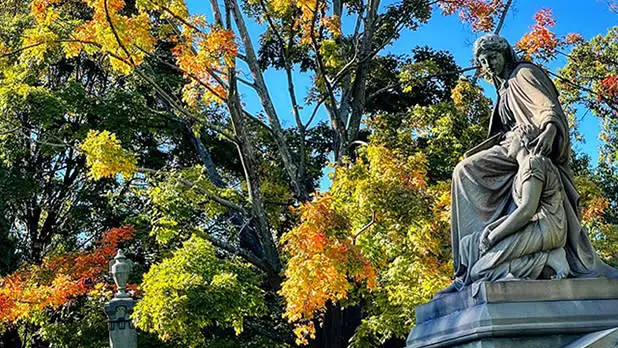 A view of fall foliage at Woodlawn Cemetery in the Bronx