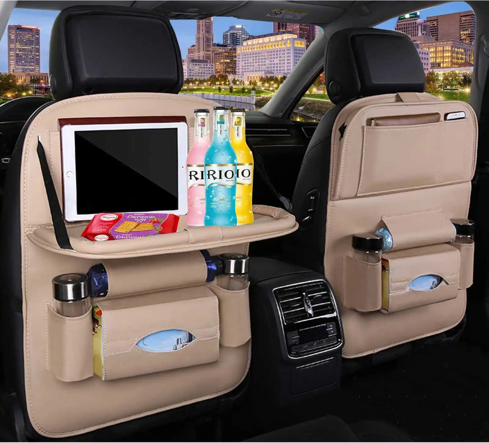 ASENDIWAY Premium PU Leather Backseat Seat Organizer with Foldable Table