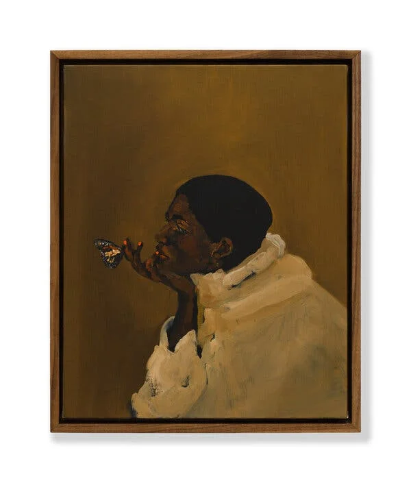 A painting with an ochre background showing a woman resting her chin on her hand with a butterfly perched on her finger.