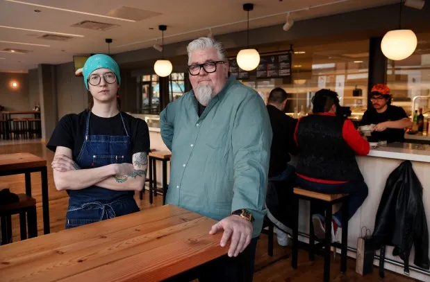 Ramova Grill and Taproom executive chef Becky Carson and chef/partner Kevin Hickey on Feb. 14, 2024. (Chris Sweda/Chicago Tribune)