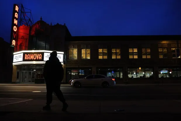 The new Ramova Grill and Taproom, right, beside the remodeled Ramova Theatre, in Chicago's Bridgeport neighborhood on Feb. 14, 2024. (Chris Sweda/Chicago Tribune)