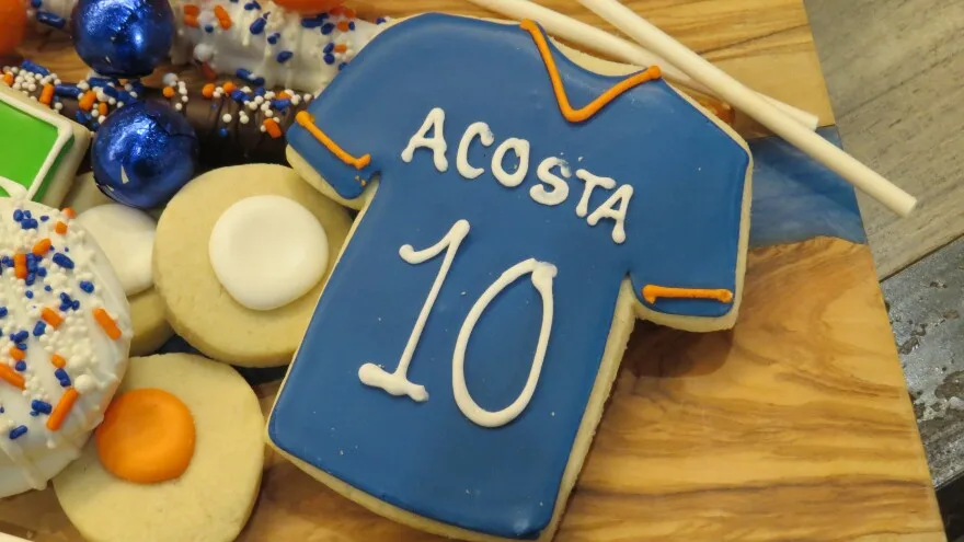 Luciano Acosta jersey cookie from 3 Sweet Girls Cakery