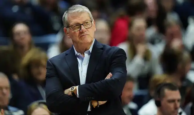 UConn Huskies head coach Geno Auriemma watches from the sideline as they take on the Georgetown Hoyas at Harry A. Gampel Pavilion.